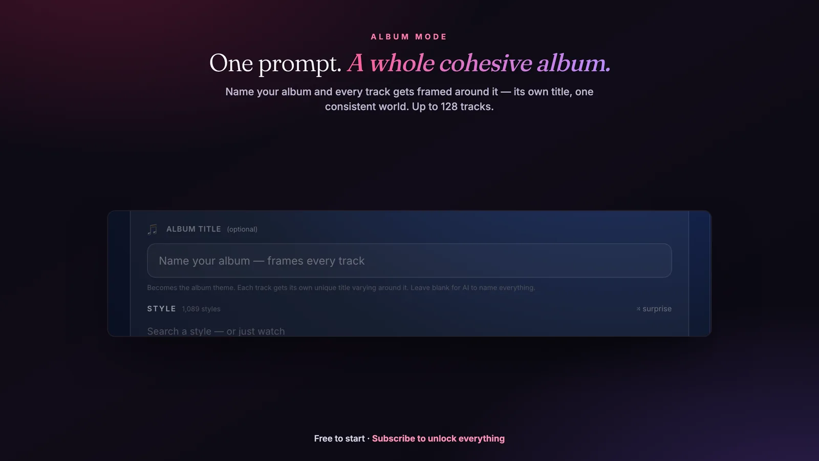 Album Mode: generate a whole cohesive album from one prompt — up to 128 tracks, each with its own title