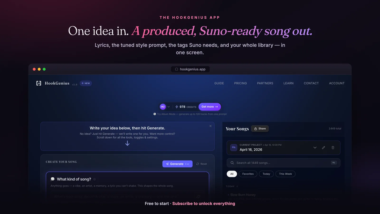 The HookGenius app: write one idea and get a produced, Suno-ready song — lyrics, a tuned style prompt, and your whole library in one screen