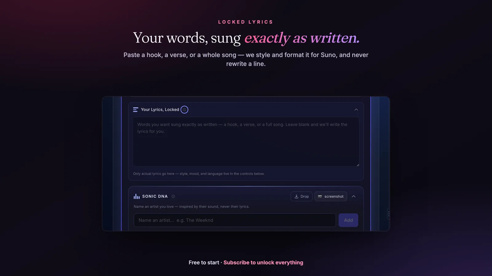 Locked Lyrics: paste a hook, a verse or a whole song and HookGenius styles and formats it for Suno without rewriting a line