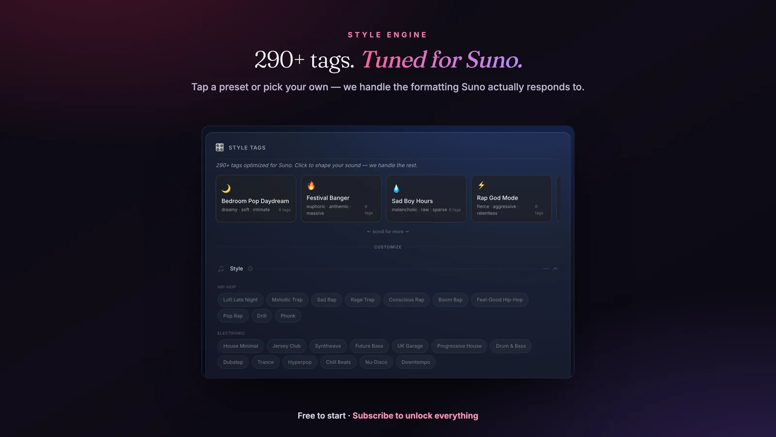 Style engine: 290+ tags tuned for Suno — tap a preset or pick your own and HookGenius handles the formatting Suno responds to