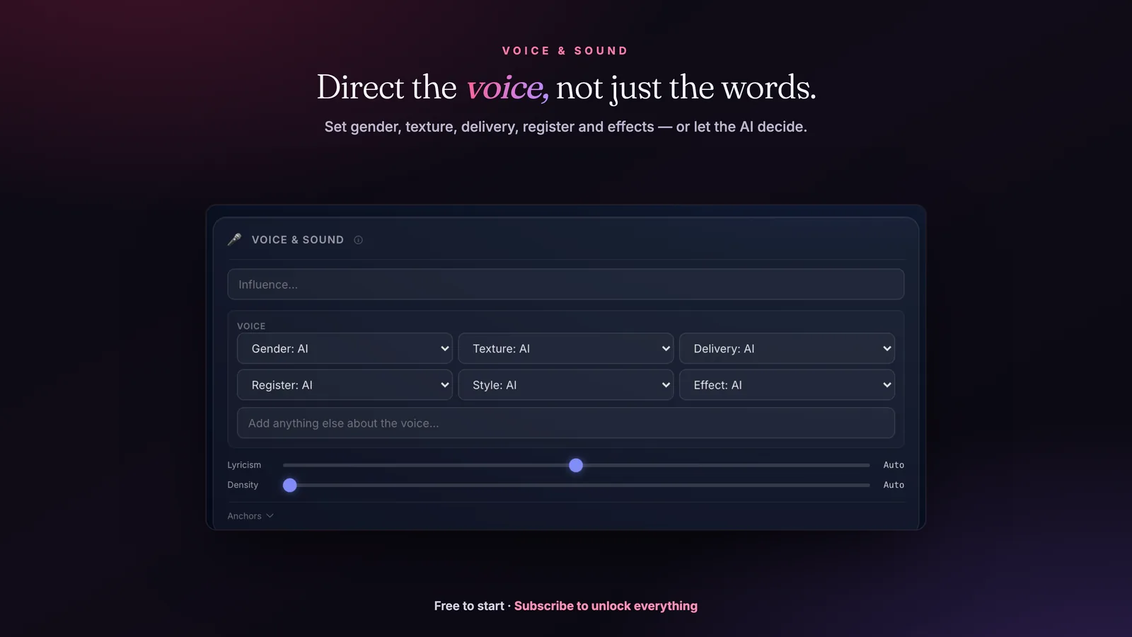 Voice and Sound: direct the gender, texture, delivery, register and effects of the vocal — or let the AI decide