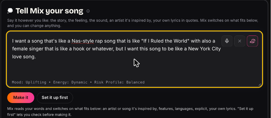 My sentence in the Tell Mix your song box