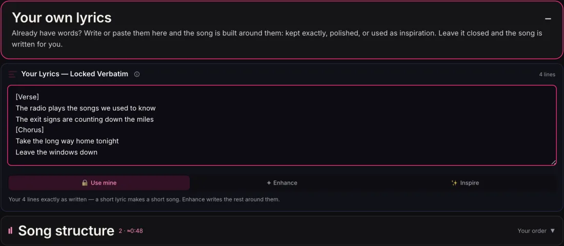 Your own lyrics panel with four lines pasted and Use mine selected.