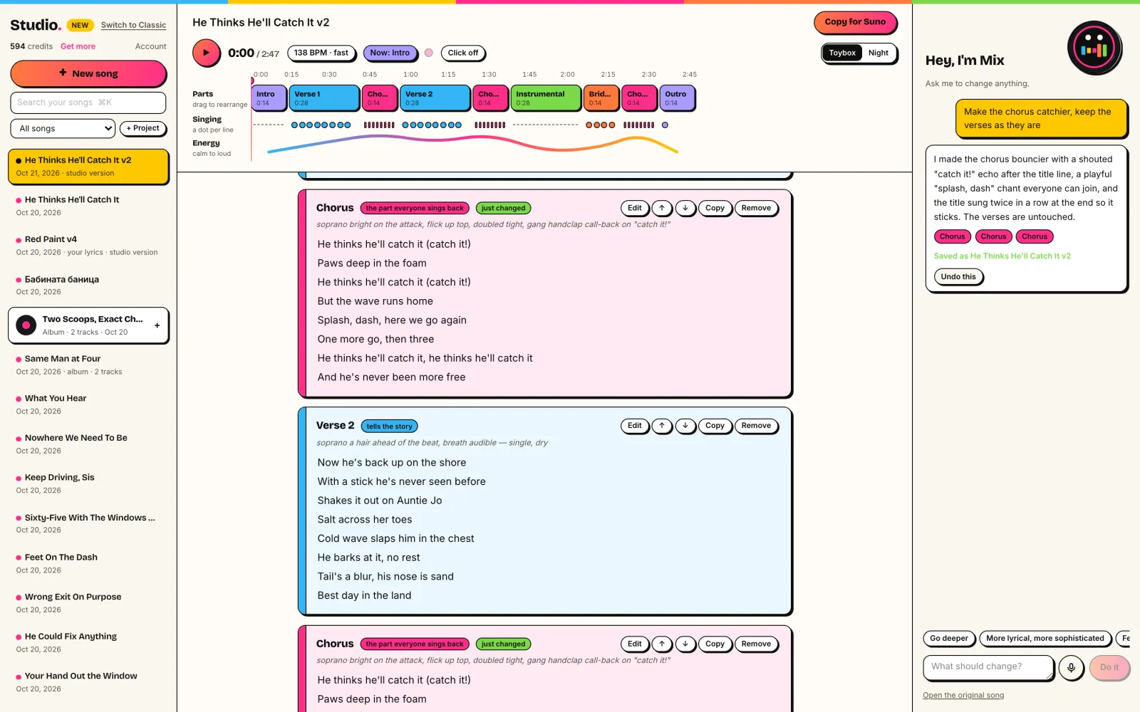 The HookGenius Studio: a song's parts on a coloured timeline, its chorus marked just changed, and Mix explaining the edit he made.