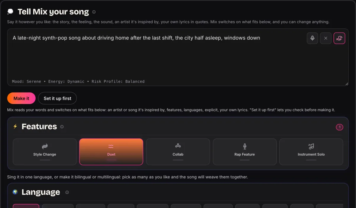 The Tell Mix your song box with a mic button, Make it and Set it up first, and the Features row with Duet switched on.